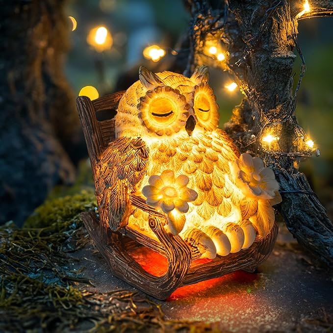 Solar-Powered Owl Statue on Chair, Cute LED Owl Figure for Home, Fireplace, Outdoor, 3x3x4 in