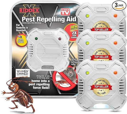 Riddex X Plus Insect Repellent - Plug in, Mouse Deterrent - Pest Reject for Defense Against Rats, Mice, Roaches, Bugs and Insects - Control Pests with No Toxins, 3-Pack