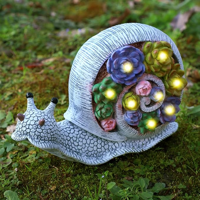 FORUP Snail Garden Statue, Resin Snail Figurine Garden Lawn Ornaments with Solar LED Lights for Outdoor Yard Garden Decorations