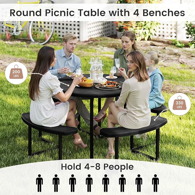 Tangkula 8 Person Picnic Table, HDPE Outdoor Round Table and Bench Set with 4 Built-in Benches, Umbrella Hole, Metal Frame for Garden Yard Patio Lawn