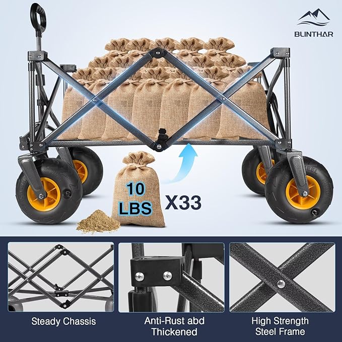 Beach Wagon with Big Wheels for Sand, Heavy Duty Collapsible Folding Wagon with All-Terrain 9" Pneumatic Tires & Drink Holders, Utility Wagon for Garden Sports Camping Outdoor Activities