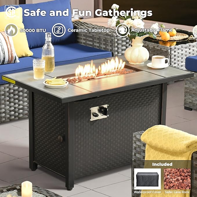 ovios 7 Pieces Patio Furniture Set, Outdoor Wicker Sectional Sofa with 42 Inch Fire Pit Table Comfy Cushions, Modern Modular Deep Seat Rattan Couch Conversation Set, Navy Blue