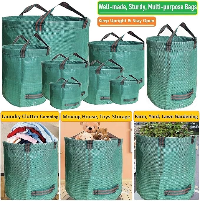 Standard 3-Pack 16 Gallons Home Garden Bags (D18, H15 inches) with Coated Gardening Gloves,Leaf Waste Bags,Patio Bag,Reusable Trash Can,Lawn Yard Waste Bags,Laundry Container with 4 handles