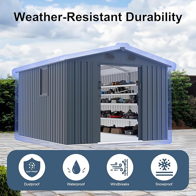 8x10 FT Outdoor Storage Shed, Metal Garden Shed with Window, Outside Tool Sheds with Lockable Sliding Doors, Waterproof Storage Building with 4 Air Vents for Backyard, Patio, Lawn, Dark Gray