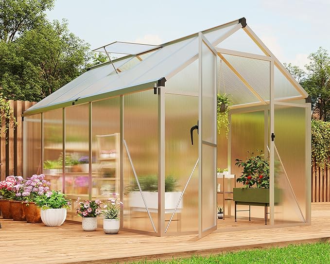 6x10 FT Greenhouse for Outdoors, Polycarbonate Flower Greenhouse with Roof Vent, Push-Pull Lockable Door, Aluminum Walk-in Greenhouses for Outside Garden Backyard, Patio, Lawn, Silver