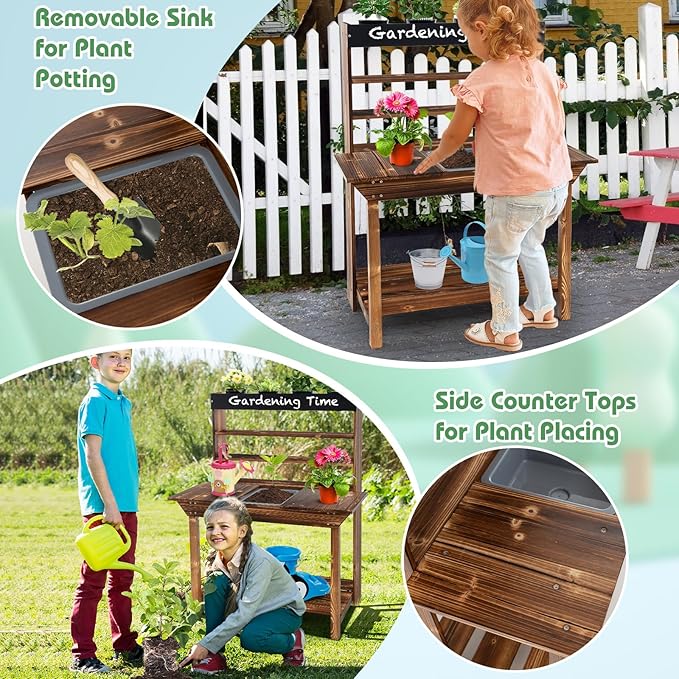 HONEY JOY Mud Kitchen, Fir Wood Kids Potting Bench Table, Removable Sink, 4 Planting Cups, Chalkboard, Outdoor Play Kitchen for Toddlers, Garden Time Mud Kitchen for Kids Outdoor Backyard