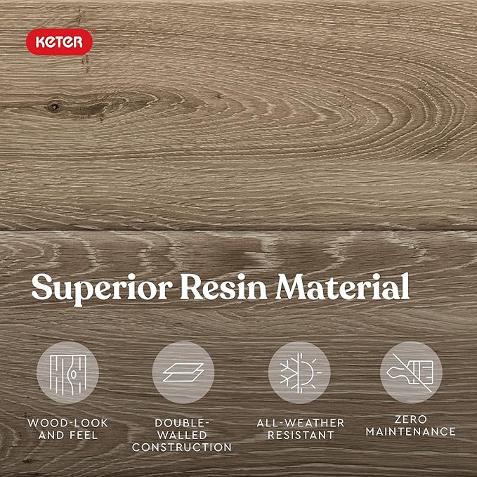 Keter Signature Collection 150 Gallon Resin Deck Box Organization and Storage Box for Patio Outdoor Cushions, Throw Pillows, Garden Tools and Pool Supplies, Ashwood