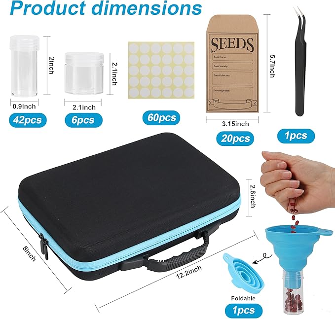 48 Slots Seed Storage Organizer Box, Garden Vegetable Plant Flower Seeds Saving kit with Write Label Funnel Tweezer 2 Sizes Storage Bottles