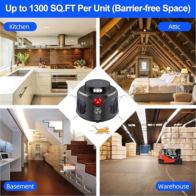 Mice Repellent Indoor,Upgraded Rodent Repellent, Ultrasonic Powerful 360° Pest Repellent with 3 Sided Sensing 9 Strobe Lights,Bat Squirrel Mouse Repellent for Home Attic Garage Houses Barns Warehouse