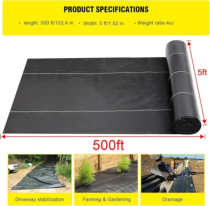 Driveway Fabric,5x500 ft Road Fabric Commercial Weed Barrier Fabric, Landscape Fabric Heavy Duty 4OZ French Drain Fabric for Erosion Control,Landscape Fabric,Weed Barrier,Construction Projects