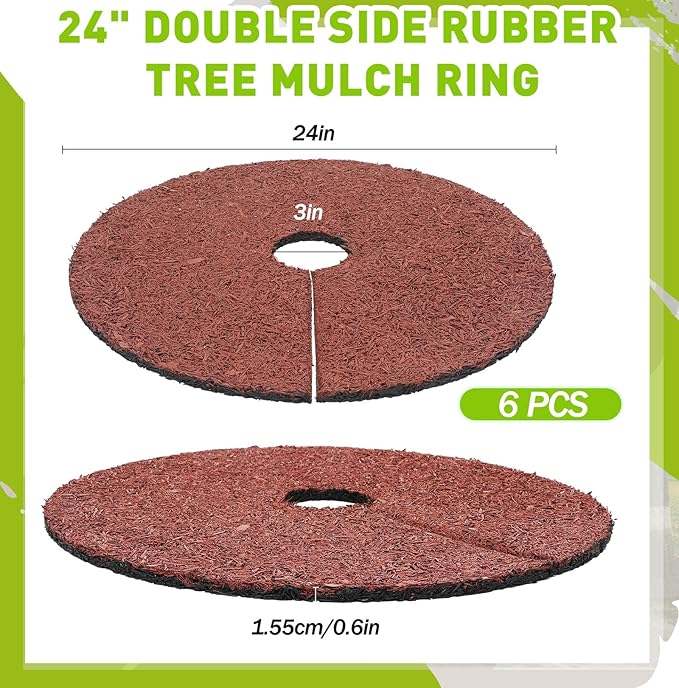 Peryiter 6 Pcs Rubber Mulch Tree Ring Heavy Duty Rubber Mulch Mat Tree Protector Weed Barrier Mats Round Root Barrier for Weed Grass Control Root Protection (24 Inches)