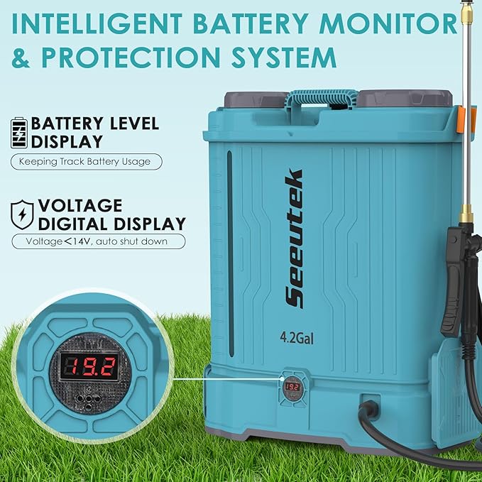 Seeutek Backpack Sprayer Battery Powered 4.2 Gallon, 0-100 PSI Electric Back Pack Sprayer with Mix Function, Weed Yard Sprayer with Telescopic Wand, 6 Nozzles, 21V 2.6Ah Battery & Charger Included