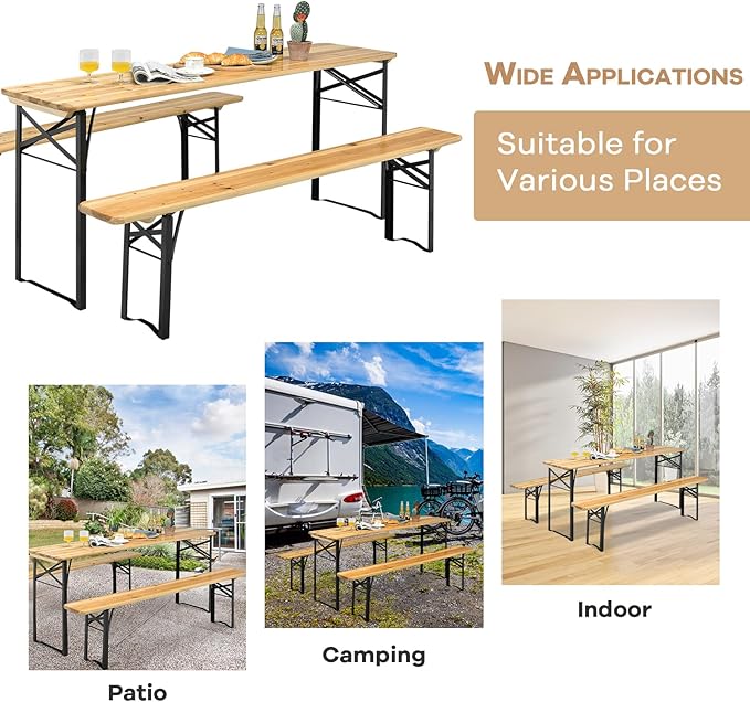 NAFORT 6FT Picnic Table Set, 3-Piece Folding Beer Table & Bench, Portable Wooden Picnic Tables for Outdoors Dining Table Set w/Metal Frame for Patio Garden
