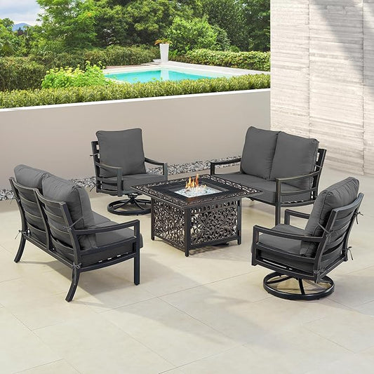 Oakland Living Black Aluminum Patio Fire Table Set with Two Deep Seating Loveseat with Cushions and Two Club Chairs with Black Cushions