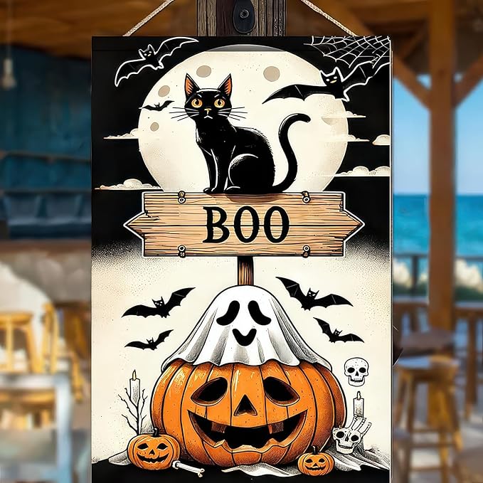 Halloween Garden Flag 12x18 Inch Double Sided Ghost Pumpkin Flags Cat Boo Sign Moon Bat Banner Small Yard Flag for Halloween Outdoor Decoration