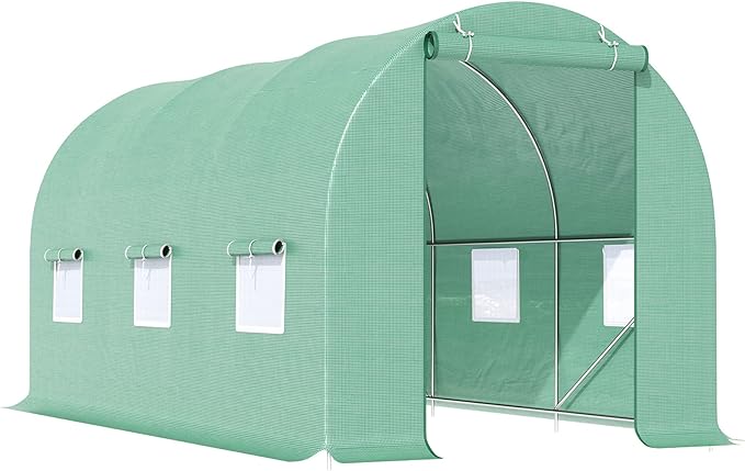 Outsunny 15' x 6' x 7' Walk-in Tunnel Greenhouse, Garden Green House with Roll-Up Door and Windows, PE Cover, Plant Growing House for Patio Backyard Garden, Green