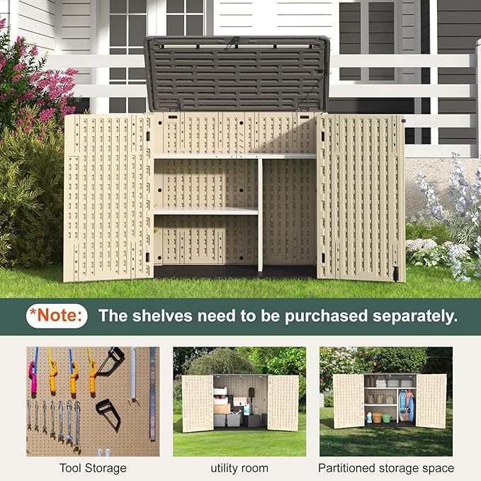 30 Cu.Ft Outdoor Storage Shed, Multi-Purpose Weather-Resistant Utility Shed for Garbage Cans, Lawn Mower, Garden Tools, Waterproof Resin Horizontal Cabinet with Pad-Lockable Doors (Khaki)