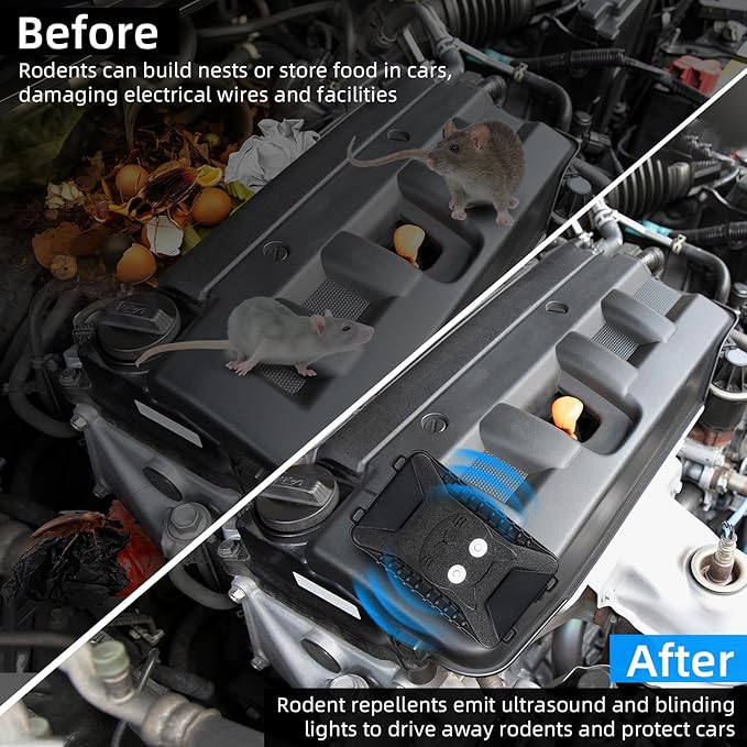 Rodent Repellent for Car Engines, 2 Pack Plug-in Rodent Repeller Ultrasonic Indoor, Battery Operated Car Mouse Repellent Under Hood, Keep Mice Rat Squirrel Out of Car, Attic, Garage, Barn