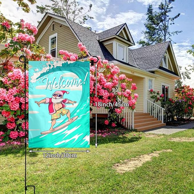 Christmas Santa Claus Hawaii Surfing Beach Garden Flag Welcome Party Outdoor Outside Decorations Picks Home House Garden Yard Decor 12x18 Inch