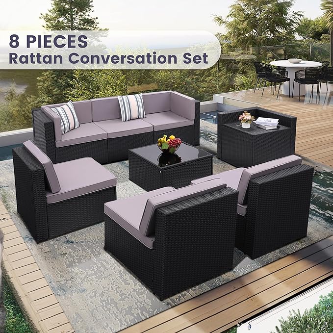 8 Pieces Outdoor Wicker Rattan Patio Furniture Sectional Set, Glass Top Table with Hidden Storage, 7 Sofa Sections, Oversized Cushions, Black Color Rattan with Light Grey Cushion