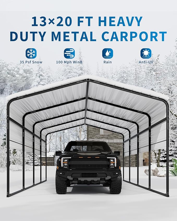 13' X 20' X 8.5' Heavy Duty Metal Carport with Galvanized Roof, Weatherproof Car Garage Shelter, All-Weather Permanent Cover for Cars/Trucks/Boats/Tractors