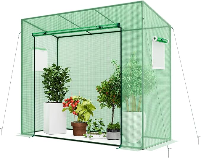 Happygrill Mini Greenhouse, Walk-in Greenhouse w/PE Cover, 4 Wind Ropes & Ground Stakes, Roll-up Zipper Door, Double-Layer Screen Windows, Portable Small Greenhouses for Outdoors, 6.6 x 2.5 x 5.6 FT