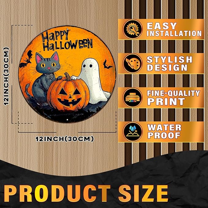 PEACHGARDEN Round Halloween Black Cat Vintage Sign Happy Halloween Pumpkin Metal Tin Sign for Home Bar Kitchen Hotel Dining Room Coffee 12x12inch
