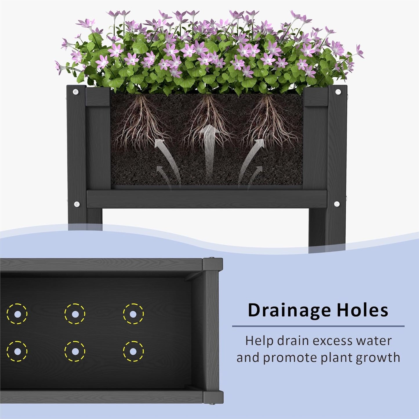 Raised Garden Bed with Drainage Hole Waterproof HDPE Elevated Planter Box with Legs Stable and Durable to Plant Herb Vegetable Flower,Patio,Balcony Outdoors/Indoors Black