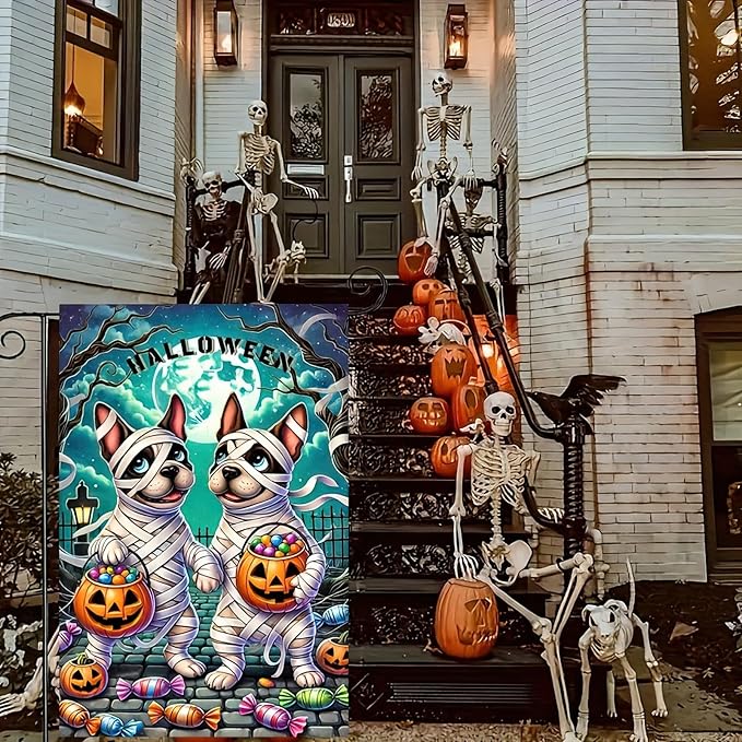 Halloween Mummy Dog Garden Flag 12x18 Inch Double Sided Cute French Bulldog Trick-or-Treat Garden Flag Pumpkin Candy Ghost Dog Flag Banner Holiday Small Halloween Yard Flags