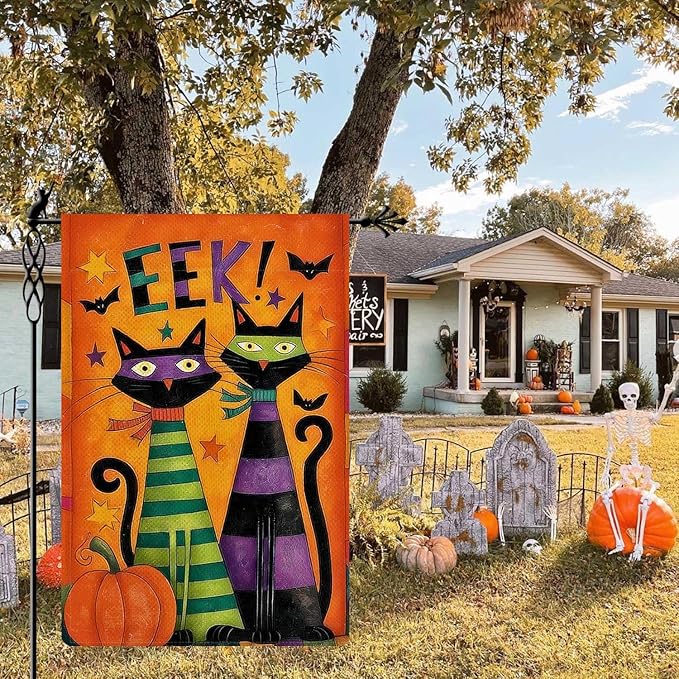 Halloween Black Cats Garden Flag EEK Pumpkins Holiday Garden Flag Vertical Double Sided Rustic Farmland Burlap Yard Lawn Outdoor Decor 12.5x18"