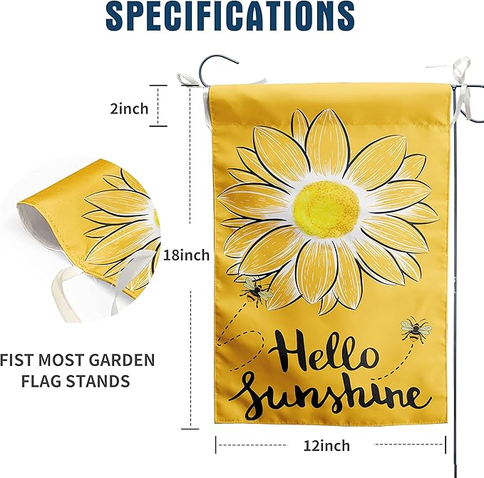 Hello Sunshine Garden Flag Bee Sunflower Flag Summer Garden Flags for Outside Yellow Flower Flag 12x18 Double Sided Yard Outdoor Front Porch Decor