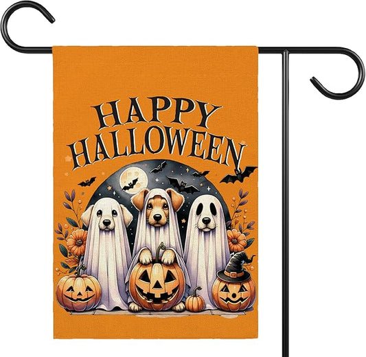 Happy Halloween Garden Flag for Outside, 12x18 Inch Double Sided Halloween Dog Pumpkin Ghost Bats Yard Flag, Farmhouse Small Yard Flags for Outdoor Decorations, Holiday Decor Gifts-A05