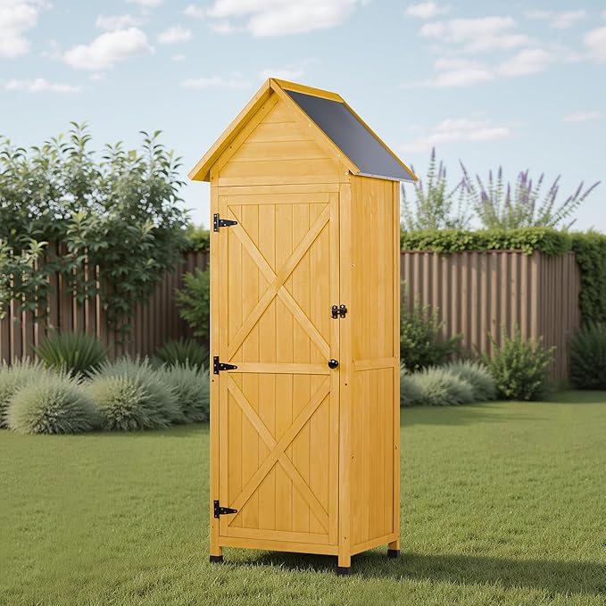 Wooden Outdoor Storage Cabinet,Tall Vertical Garden Tool Shed with Waterproof Metal Roof & Adjustable Feet – Perfect for Yard, Patio, Lawn & Deck (Yellow, 22" x 26" x 67")