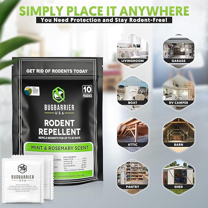 BugBarrier's Extra-Strength Mouse Repellent Deterrent Pouches, USDA 99% Biobased, Peppermint & Rosemary Oils Repel Mice Nesting in Car, RV, Boat, Garage, Shed, Cabin Made in The USA (Pack of 10)