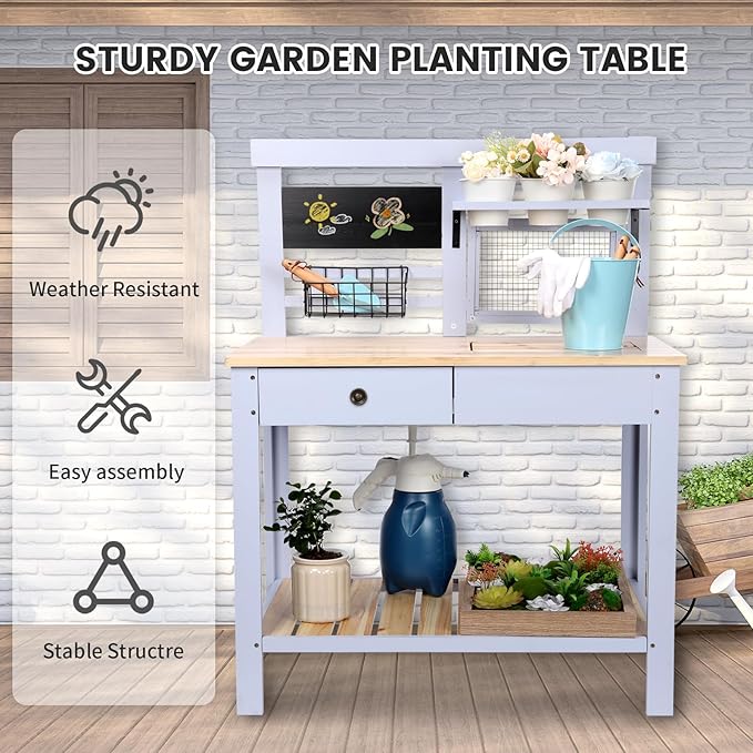 Kids Potting Bench Table Outdoor Garden Table Wooden Work Station Outdoor Garden Work Bench Platform with Removable Sink Hooks 3 Side Flower Pots Natural Wood Blue Gift for Boys Girls