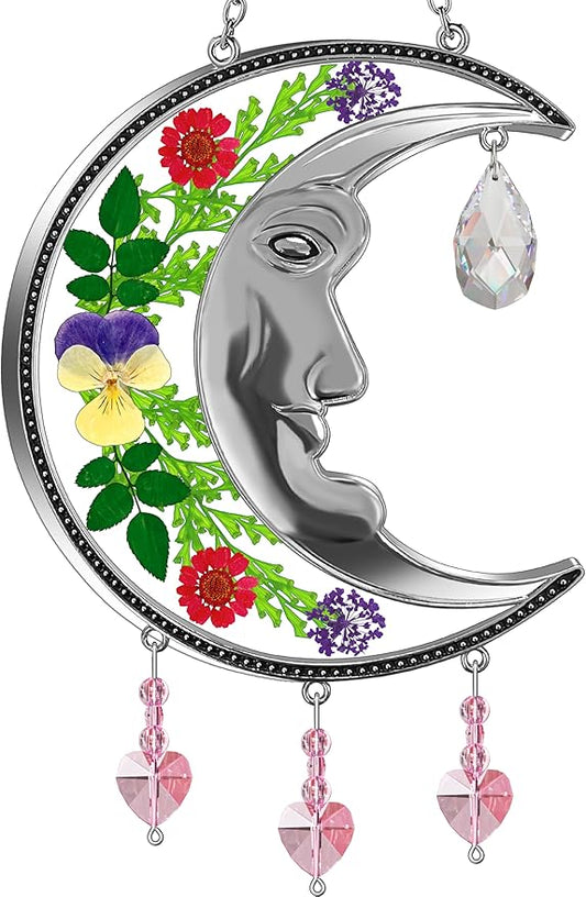 KY&BOSAM Crystal Sun Face Moon Suncatchers Gifts for Mom Family Friends Stained Glass for Windows Wind Chimes Real Flower Colorful Crystal Outdoor for Garden Indoor Home Trees Patio Yard Porch Decor