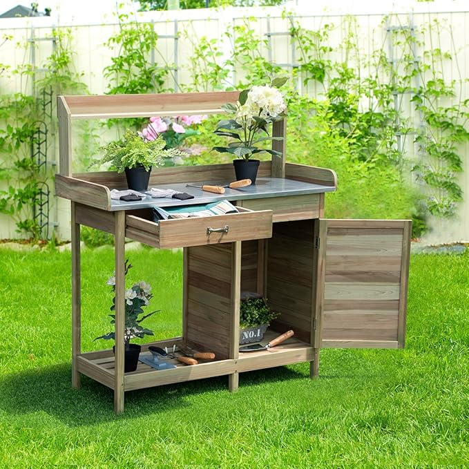 Giantex Potting Bench Table for Outside Natural Wood Garden Plant Lawn Patio Table Storage Shelf Metal Tabletop Outdoor Workstation Flower Pot Bench (Natural Fir w/Cabinet)