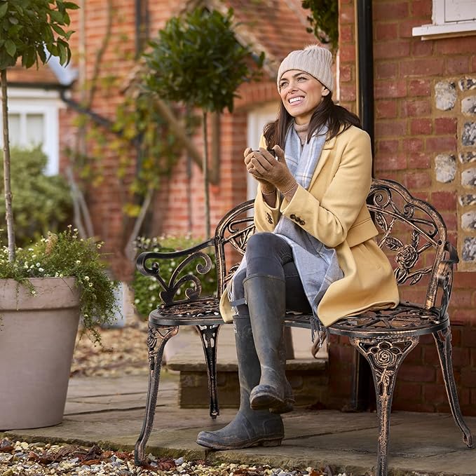 VINGLI 38.5" Patio Park Garden Outdoor Metal Rose Bench,Cast Iron Cast Aluminium Frame Antique Finish Chair,Accented Lawn Front Porch Path Yard Decor Deck Furniture for 2 Person Seat（Bronze