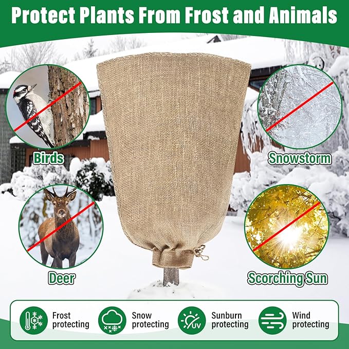 Riare 2 Packs 45 × 70 Inch Burlap Winter Plant Cover Bags with Drawstring- Reusable Large Burlap Sack Plant Frost Protector, Plant Frost Cloth Cold Tree Freeze Blanket for Outdoor Plants Shrubs Fruit