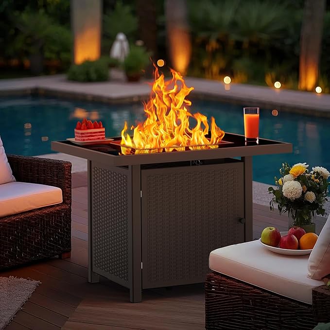 BALI OUTDOORS 32 inch Glass Tabletop Propane Fire Pit Outdoor, 50,000 BTU Propane Fire Pit Table Square, Gas Firepits for Outside Patio, Garden, Brown