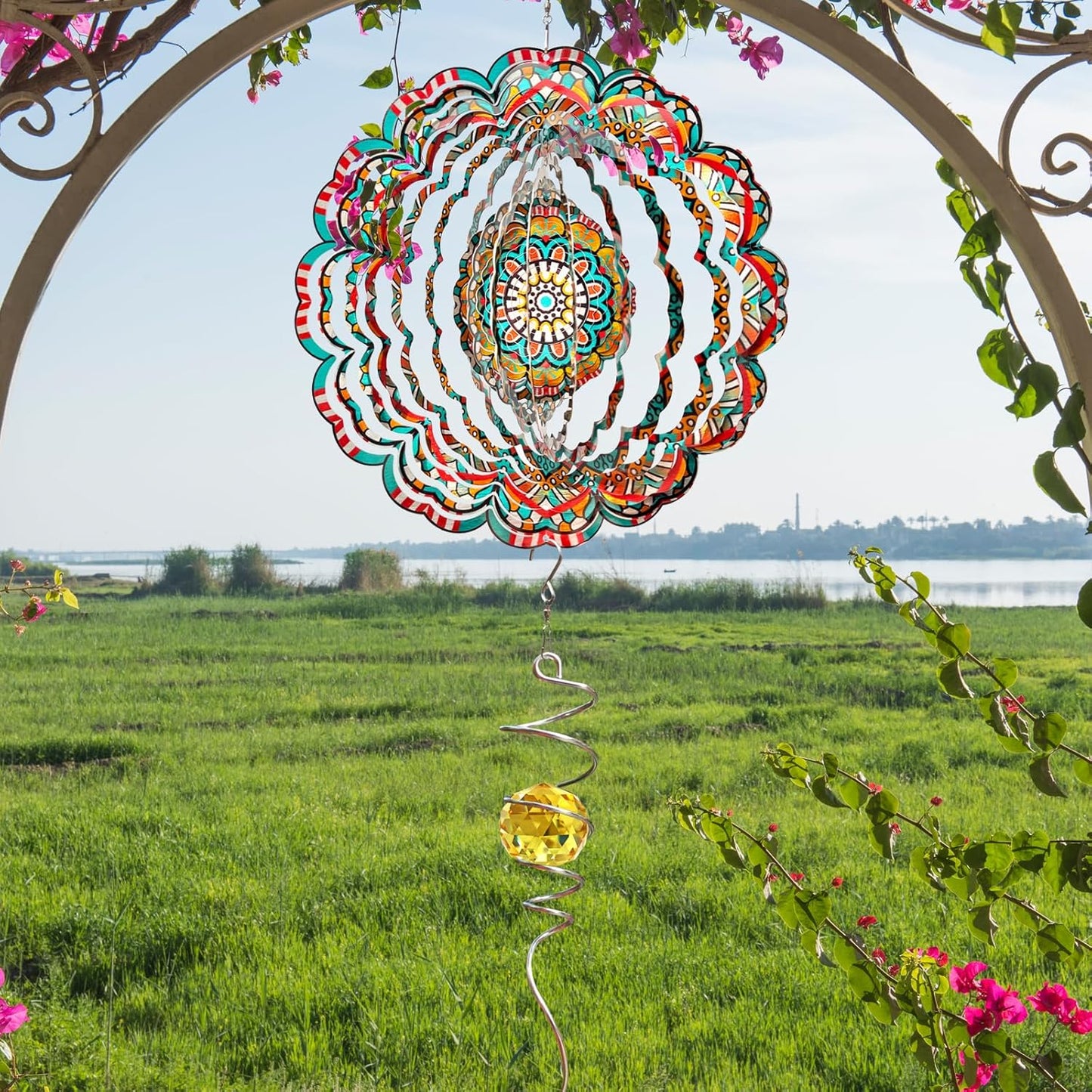 Mandala Wind Spinner - Lucky Star Design | 12-Inch Laser Cut Stainless Steel, Kinetic Hanging Wind Sculpture for Garden, Porch, Patio, Home | Outdoor 3D Metal Windcatcher & Yard Art