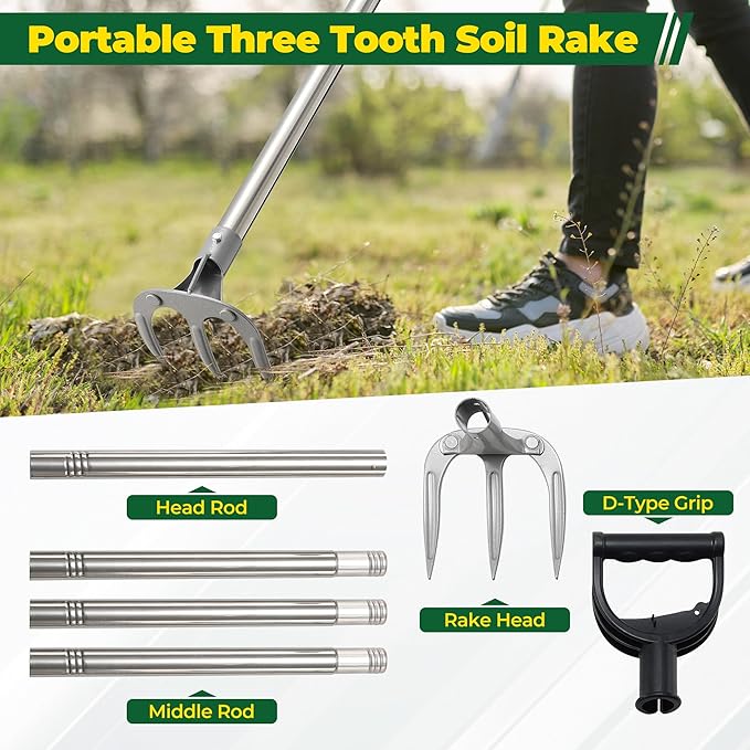 Hand Garden Rake, Adjustable Handle Heavy Duty Garden Cultivator Rake with D-Type Grip for Digging, Weeding, Loosening