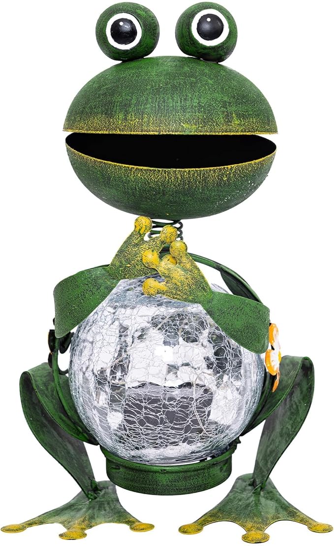 Topadorn Frog Garden Statue with Solar Lights, Outdoor Garden Metal Weatherproof Solar Frog Light Decor for Yard, Patio, Lawn, or Porch, 12" H, Gardening Ornaments Gifts