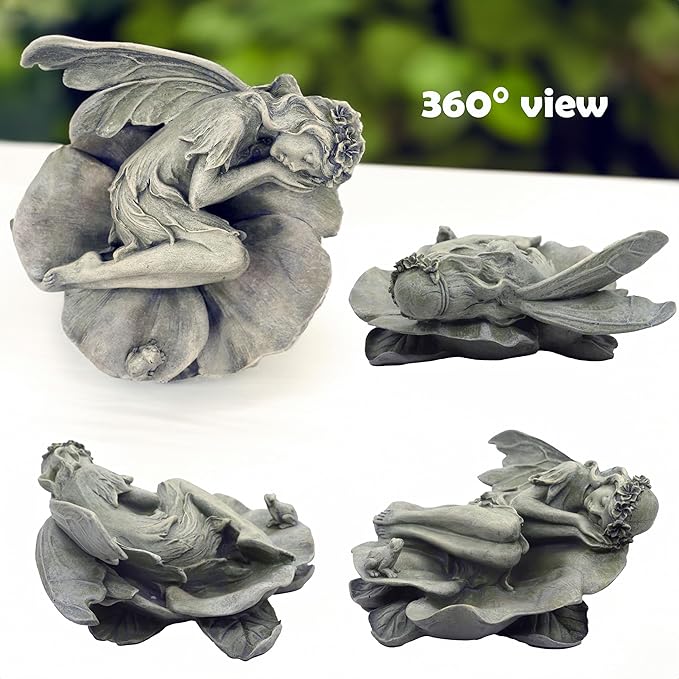 Garden Fairy Statue,Garden Sleeping Angel on Lotus Leaf with Bird Feeder Feature Outdoor Decor Sculptures Figurine Gardening Lawn