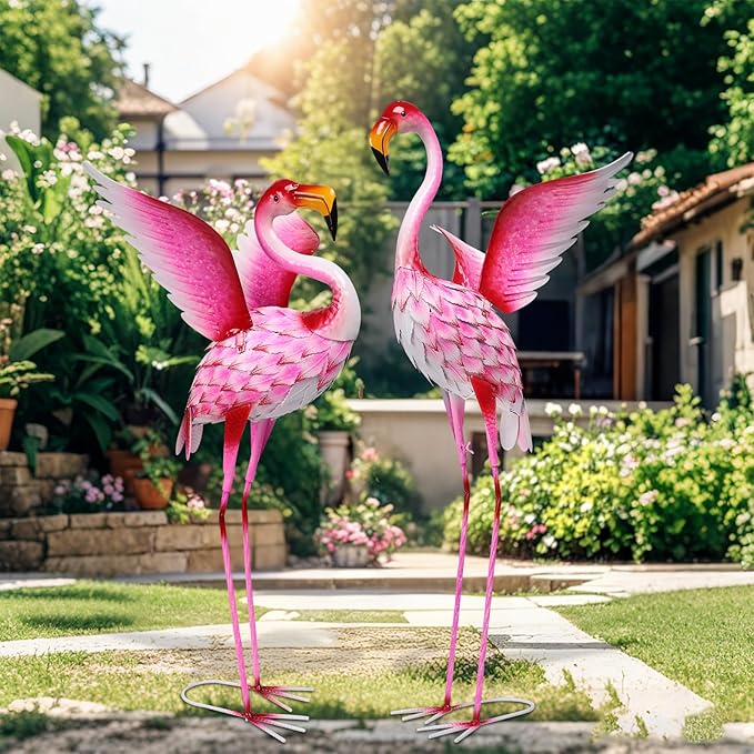 WONDER GARDEN Pink Flamingo Statue-Garden Statues for Outside - 2 Pack Flamingos Sculptures Statue, Metal Birds Yard Art for Pond, Patio, Outdoor, Porch Decor
