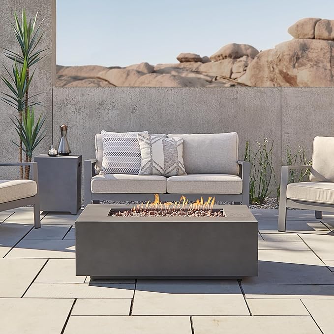 Real Flame Aegean 42in Rectangle Propane or Natural Gas Fire Pit Table, 50,000 BTU, Powder-Coated Steel, Push-Button Ignition, CSA Certified, Lava Rock, Storage Cover, Stainless Steel Burner with Lid