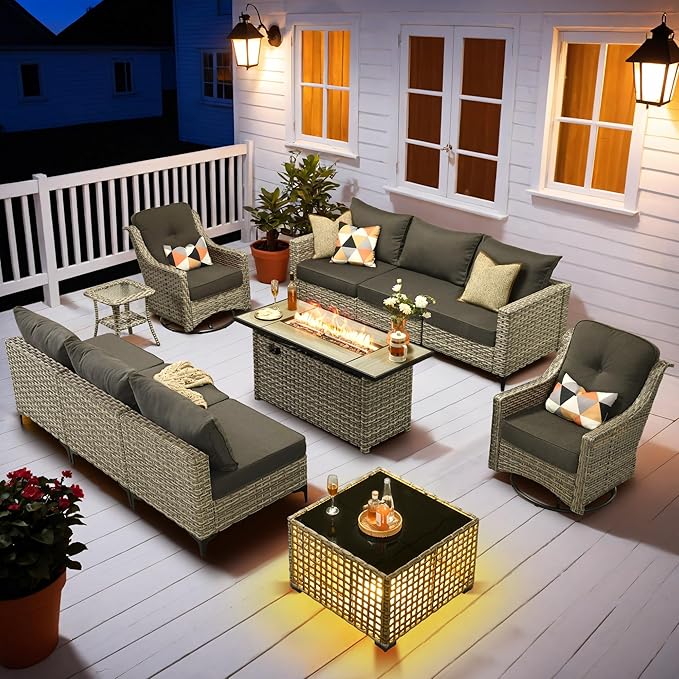 HOOOWOOO Outdoor Patio Furniture Set with Fire Pit Table,11 Pieces Wicker Out Door Sectional Furniture L Shaped Couch,Outside Patio Conversation Swivel Chair Sets,Black