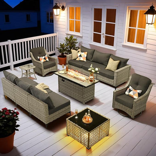 HOOOWOOO Outdoor Patio Furniture Set with Fire Pit Table,11 Pieces Wicker Out Door Sectional Furniture L Shaped Couch,Outside Patio Conversation Swivel Chair Sets,Black