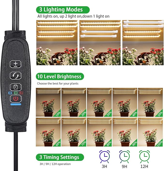 Four Head 8.6 Inches LED Grow Light Strips, Grow Lights for Indoor Plants Full Spectrum 3000K, 104 LEDs Plant Light with 10 Dimmable Levels, 3/9/12H Timer for Seedling Succulent and Plant Shelf