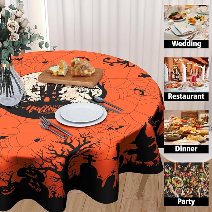 Happy Halloween Table Cloth, Pumpkin Spiders Ghosts Washable Polyester Round Tablecloth 60 inch for Kitchen Dinner Dining Room Indoor Outdoor Holiday Halloween Party Decoration